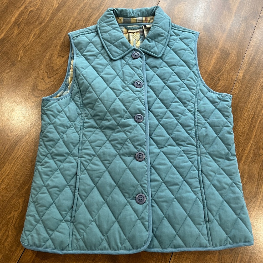 LL Bean Womens Equestrian Quilted Vest Blue Green Plaid Lining Insulated Med
